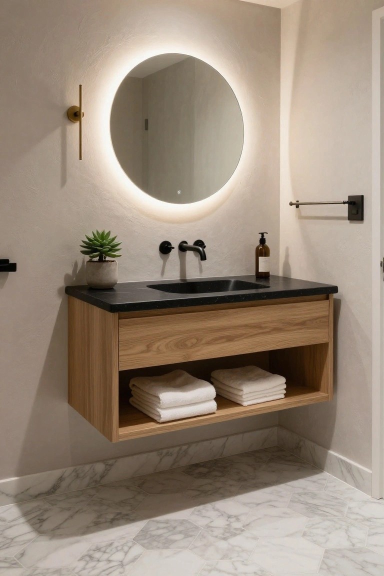 Modern bathroom with floating wood vanity, round backlit mirror, and marble floors.
