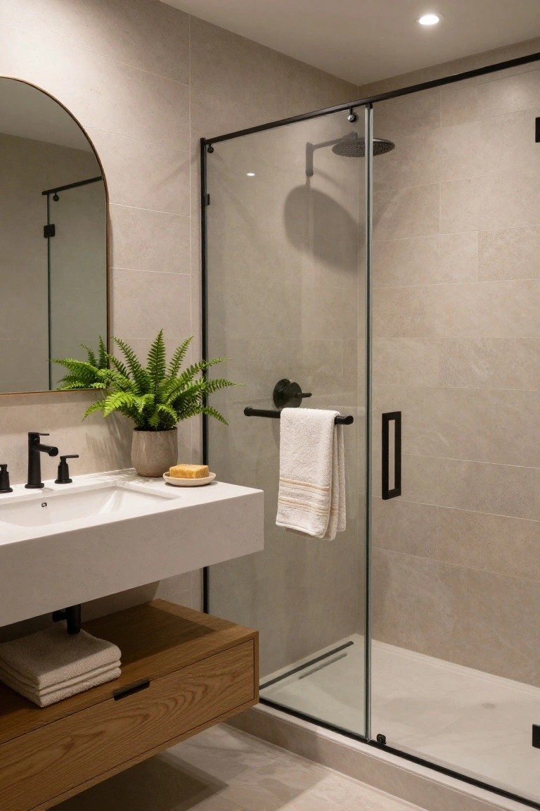 Modern apartment bathroom featuring beige subway-style tiles, arched brass mirror, floating oak wood vanity with white sink and black matte fixtures, potted fern plant, and black-framed glass shower enclosure.