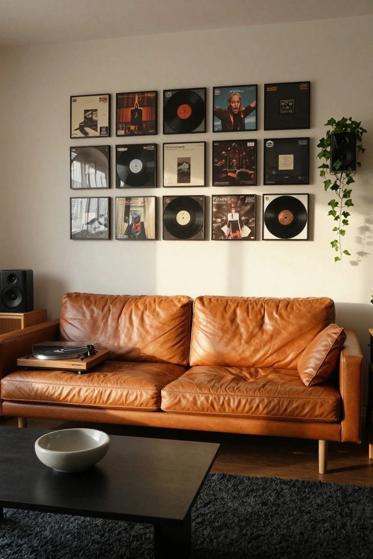 A living room with a grid of framed vinyl records and album covers mounted on a white wall above a tan leather sofa, a turntable on a wooden side table nearby, black speaker, potted ivy, and black coffee table with white bowl.