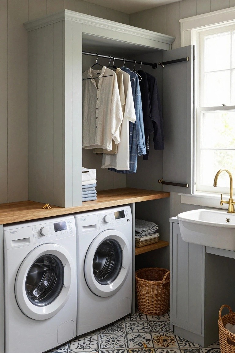 Laundry room with two white washer-dryer units under a wooden countertop, flanked by open gray wardrobe cabinet holding hanging clothes and folded linens, white sink, and black-and-white patterned tile floor.