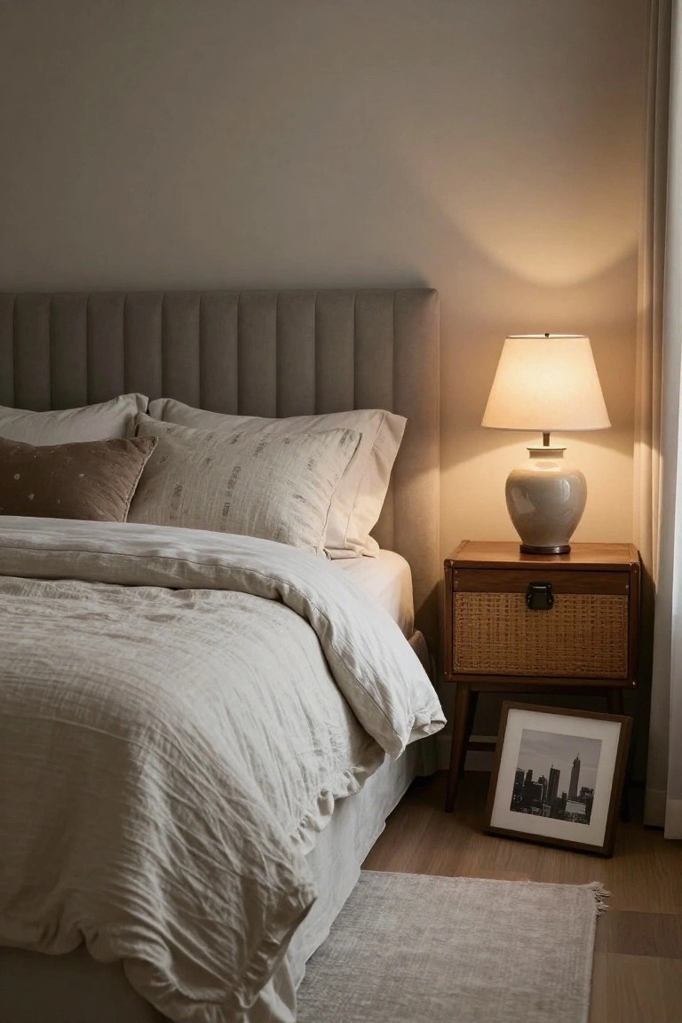 Bedroom corner with gray tufted upholstered headboard, white textured linen bedding and pillows, rattan nightstand holding white ceramic lamp and framed black-and-white city skyline photo, on wood floor with beige rug and sheer window curtain.