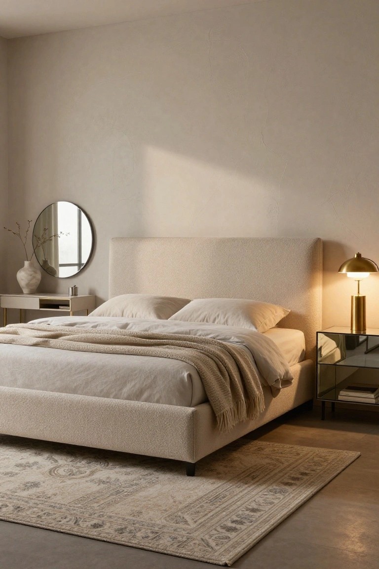 Beige boucle-upholstered bed with neutral linens and throw in a light-colored bedroom, gold lamp on glass nightstand, round mirror with vase on console table, and patterned rug on wood floor.