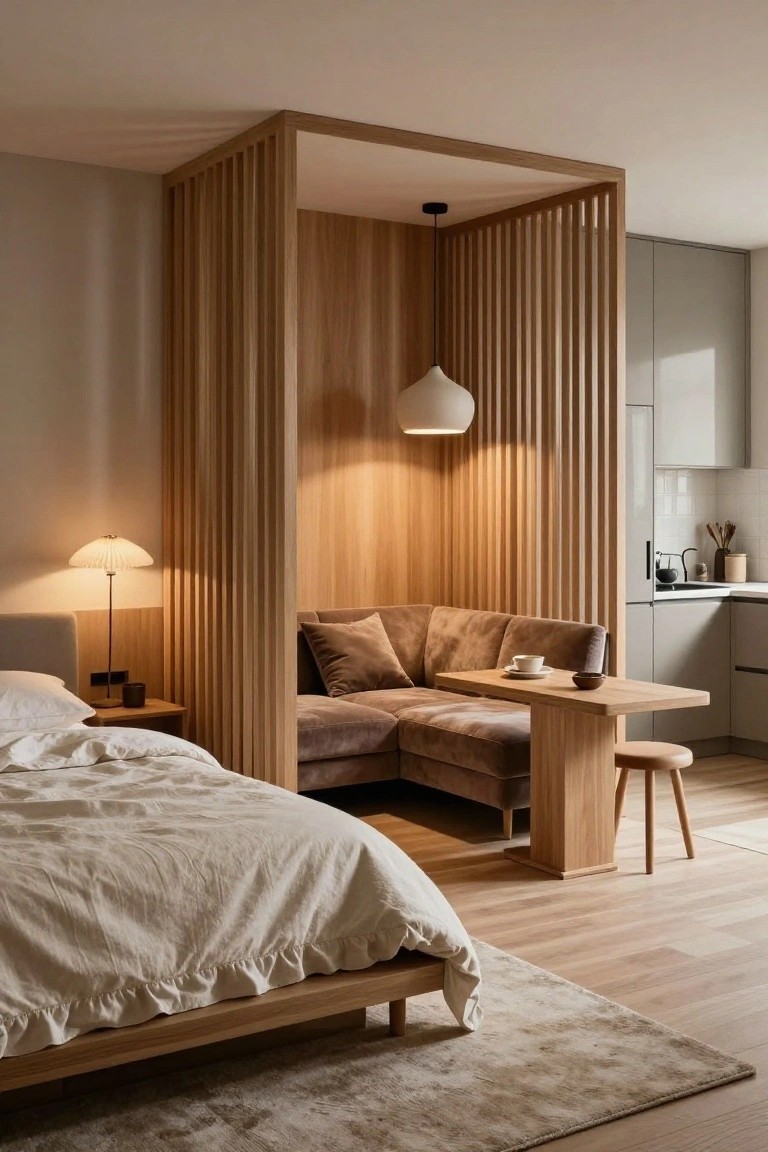A bedroom with a low white bed next to a wooden slatted screen enclosure holding a curved brown sofa, wooden side table with cups, small stool, and pendant light, adjacent to a kitchen area.