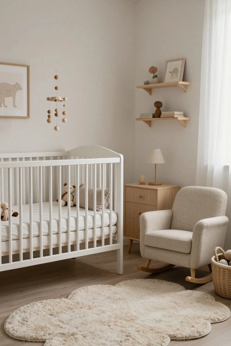 A light beige nursery room with a white crib containing stuffed bears and pillows, a beige rocking chair, wooden dresser and shelves with books and plants, a lamp, and a large cloud-shaped cream rug on light wood floors.