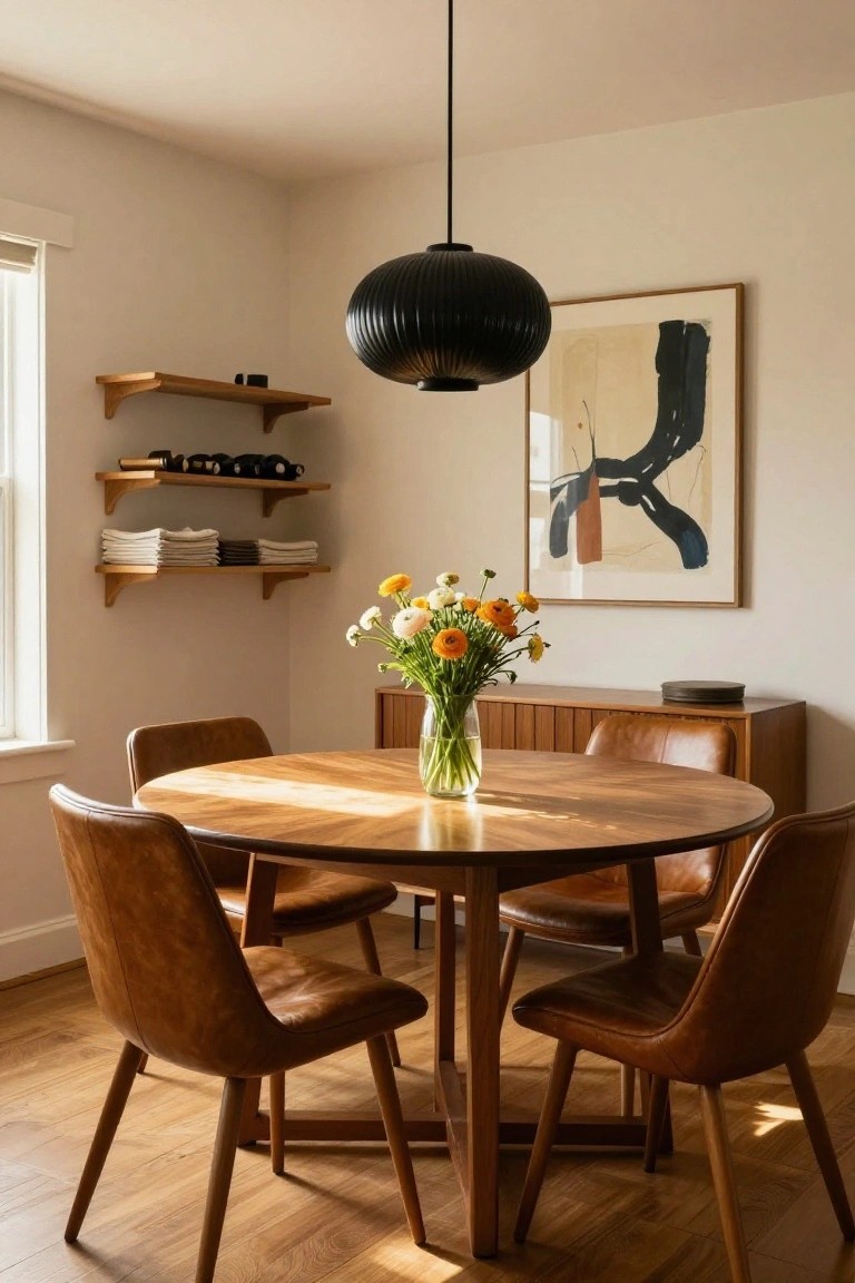 Modern dining room with round wooden table, brown leather chairs, and black pendant light.