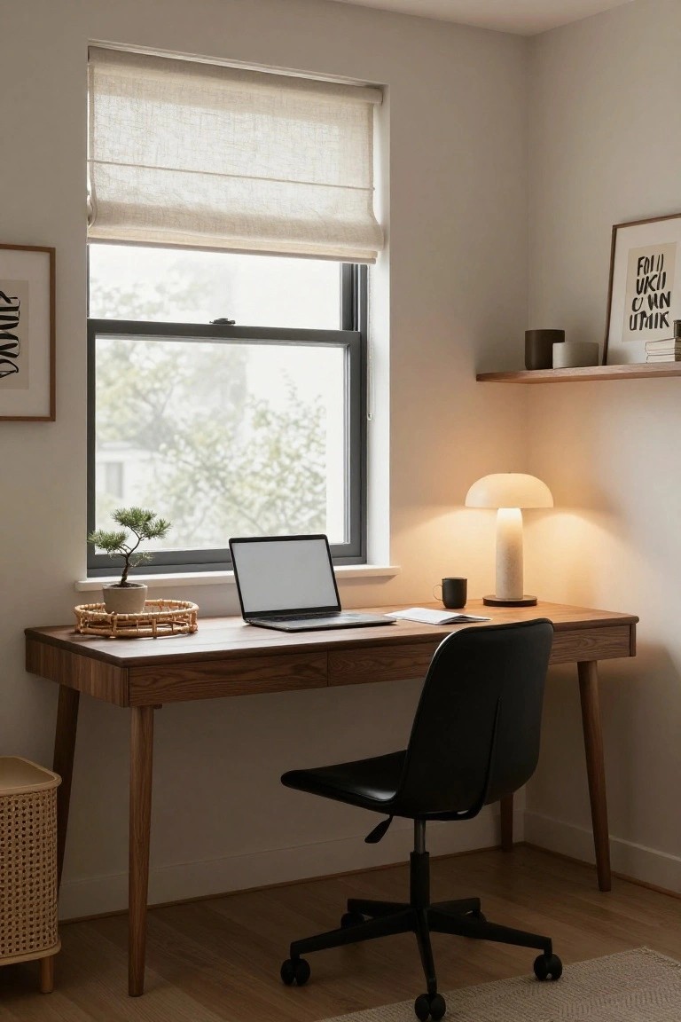 A corner home office with a wooden desk holding a laptop and papers, black swivel chair, bonsai plant on the windowsill, white lamp, and beige linen shade on the window.