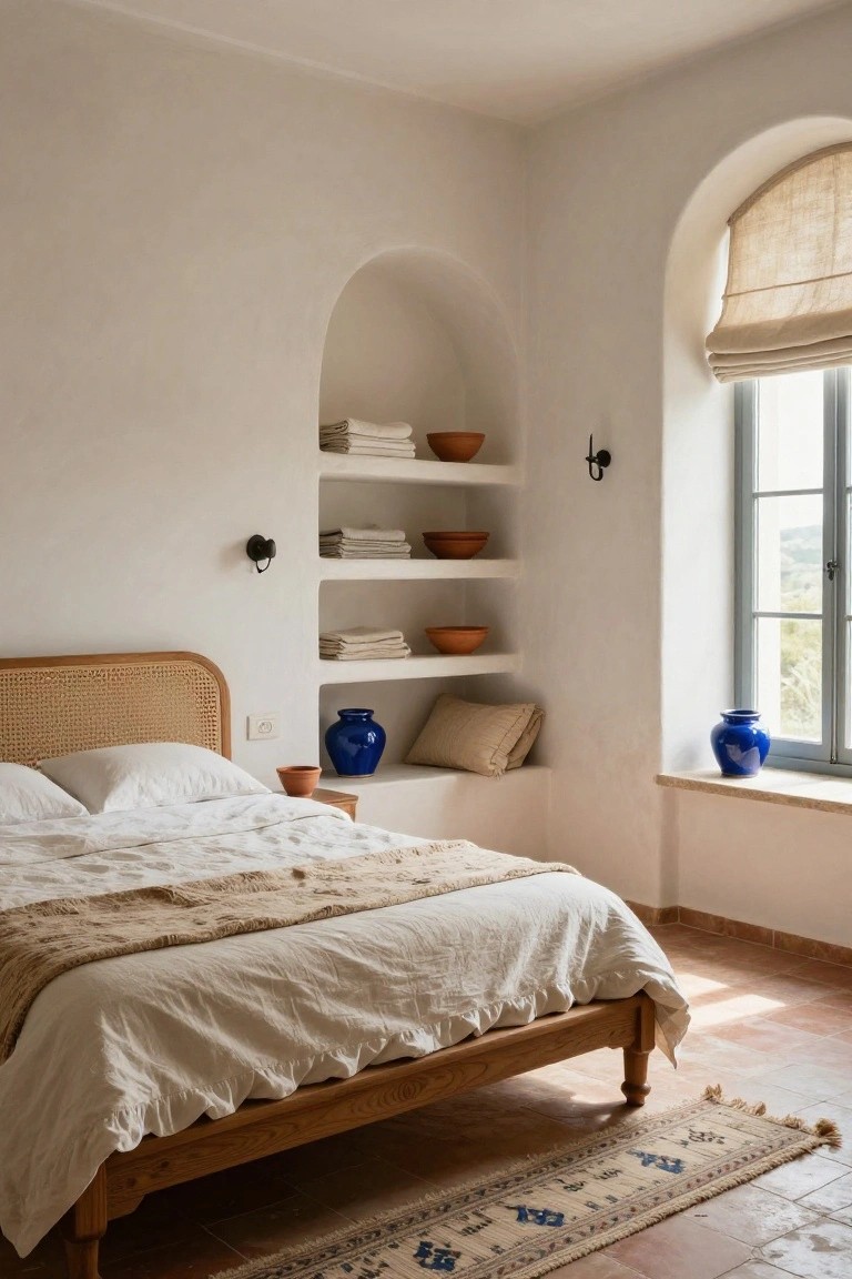 Whitewashed bedroom with arched wall niche containing shelves stocked with folded linens and terracotta bowls, rattan headboard bed with white linen sheets and throw, blue pottery vases by window with beige roman shade and landscape view.