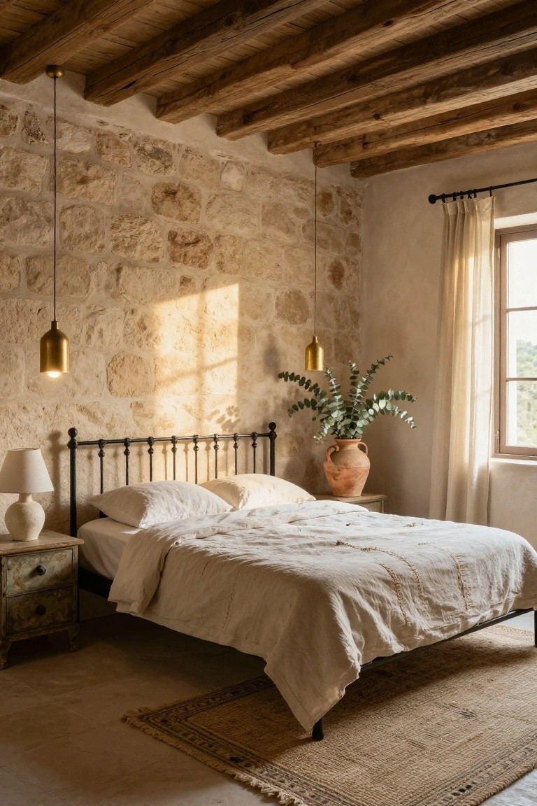 Sunlit bedroom with beige exposed stone walls, dark wooden ceiling beams, black iron bed frame with rumpled white linen bedding and pillows, gold pendant lights, white ceramic lamp on wooden nightstand, large terracotta pot with eucalyptus, and beige curtains at window.