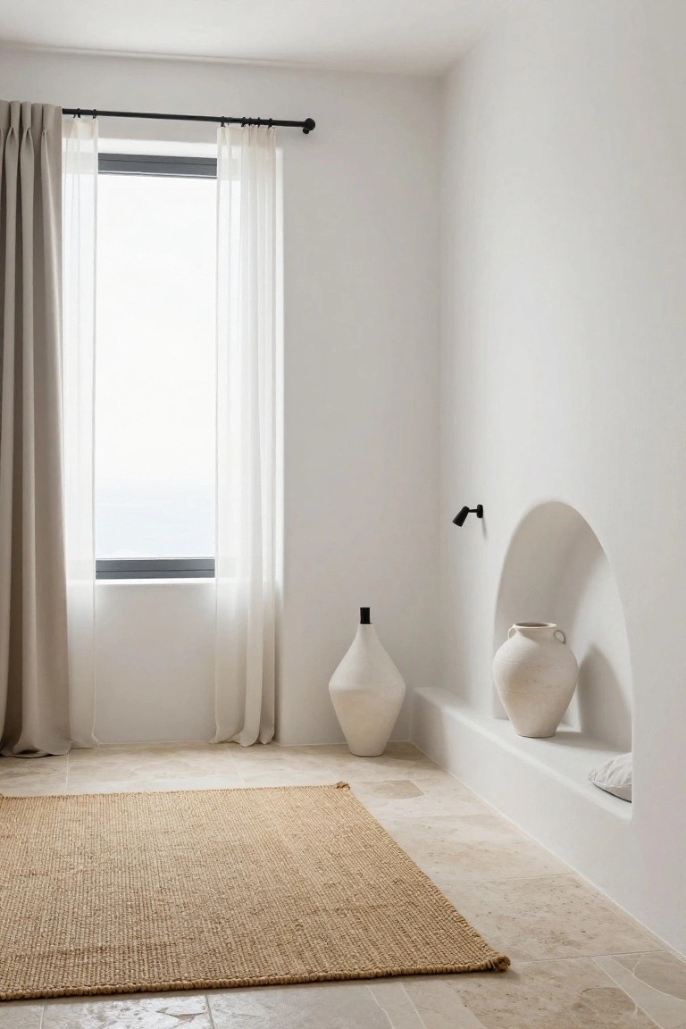 White-walled bedroom corner with large window covered by beige linen and sheer white curtains, curved plaster niche holding two white pottery vases and a black wall sconce, seagrass rug on beige stone tile floor.