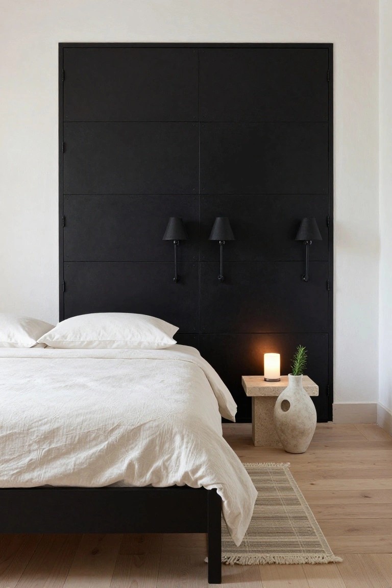 Bedroom featuring a low white bed with linen bedding against a tall black paneled wall with three wall-mounted black sconces, beside a stone nightstand with a lit candle, rosemary sprig, and white vase on light wood flooring with a woven rug.