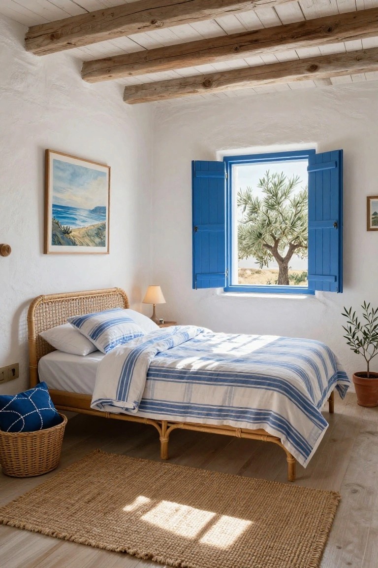 Sunlit whitewashed bedroom with exposed wooden beams, rattan bed dressed in blue and white striped linens, open blue shutters framing an olive tree outside, bedside lamp, painting on wall, potted olive plant, and jute rug on light wood floor.
