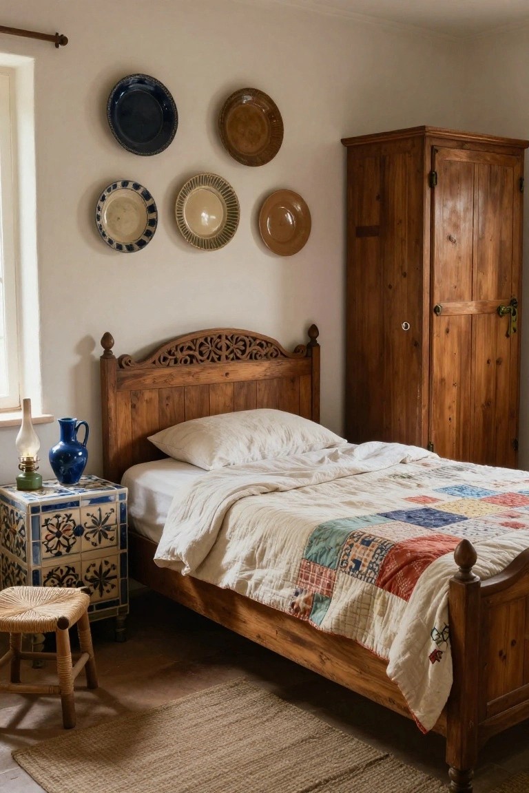 Bedroom with carved wooden headboard and footboard bed, white linens, patchwork quilt, blue tiled nightstand, decorative plates on white wall, wooden wardrobe, and seagrass rug.