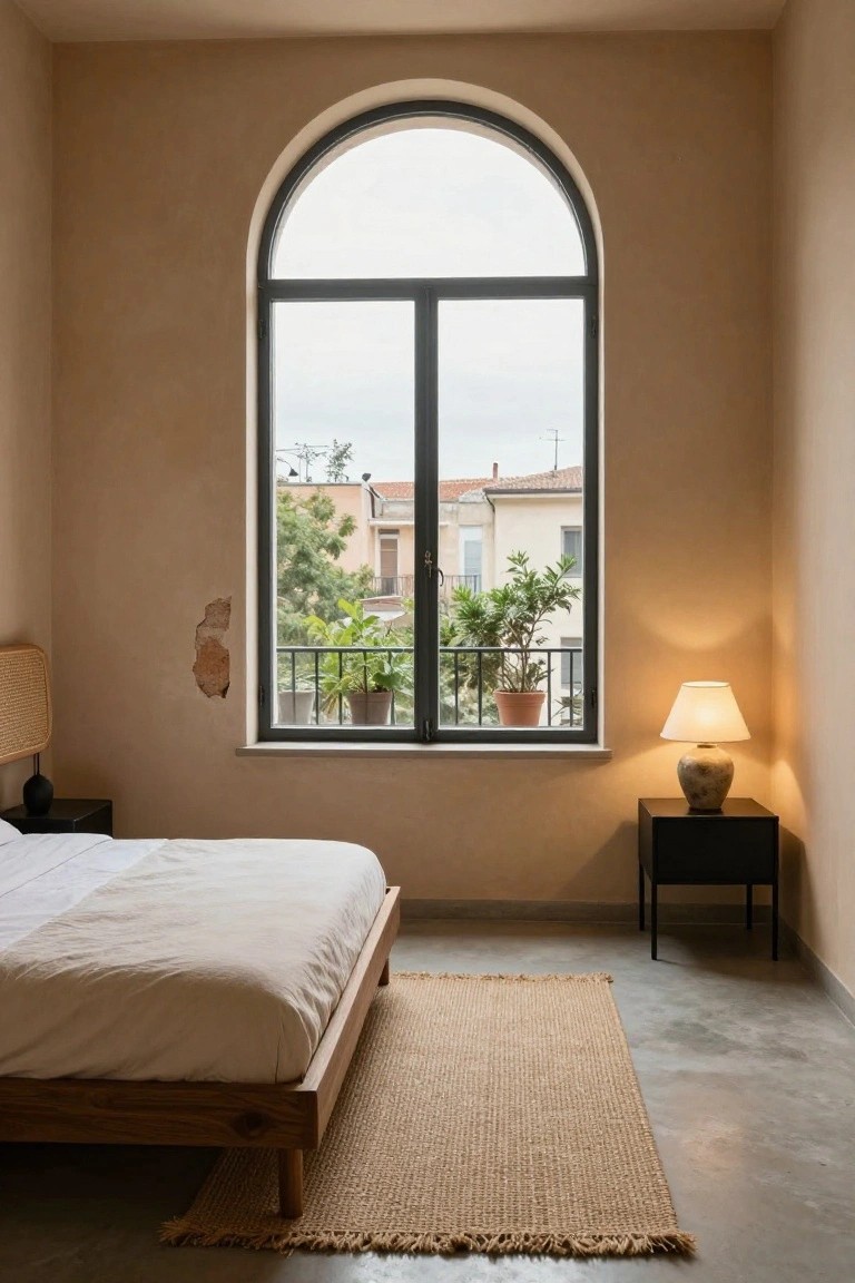 Bedroom interior featuring beige textured plaster walls with a visible patch, wooden platform bed with white linens, seagrass rug, black nightstands, and a large black-framed arched window showing outdoor plants and buildings.