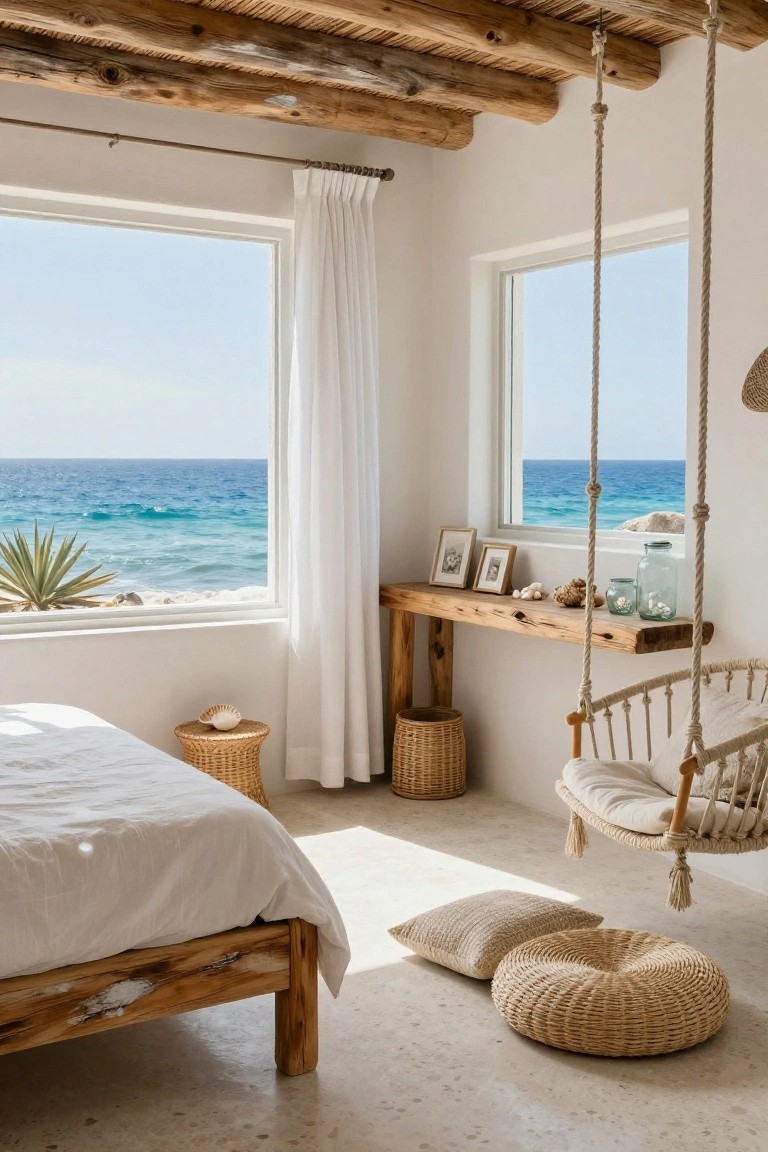 Bright bedroom interior with exposed rough wooden beams on the ceiling, white walls, large windows showing ocean view, hanging rope swing chair, wooden bed frame, rattan pouf and baskets, and driftwood shelf with shells.