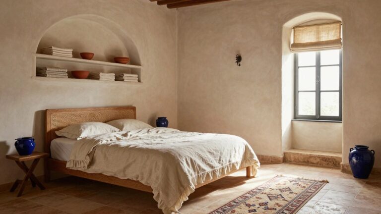Whitewashed bedroom with arched wall niche containing shelves stocked with folded linens and terracotta bowls, rattan headboard bed with white linen sheets and throw, blue pottery vases by window with beige roman shade and landscape view.