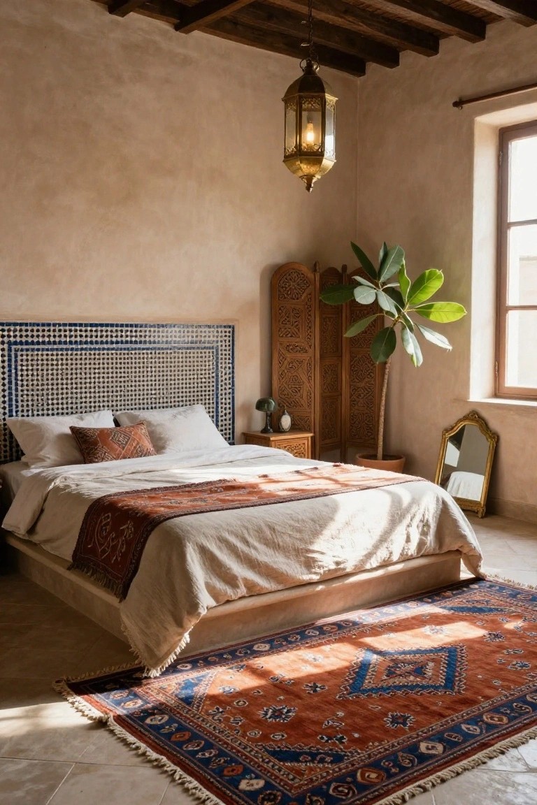 Bedroom with blue and white mosaic tiled headboard against beige wall, platform bed draped in white linens and orange runner, wooden carved screen, potted fiddle leaf fig plant, brass lantern light, small side table, and orange patterned rug on terracotta floor.