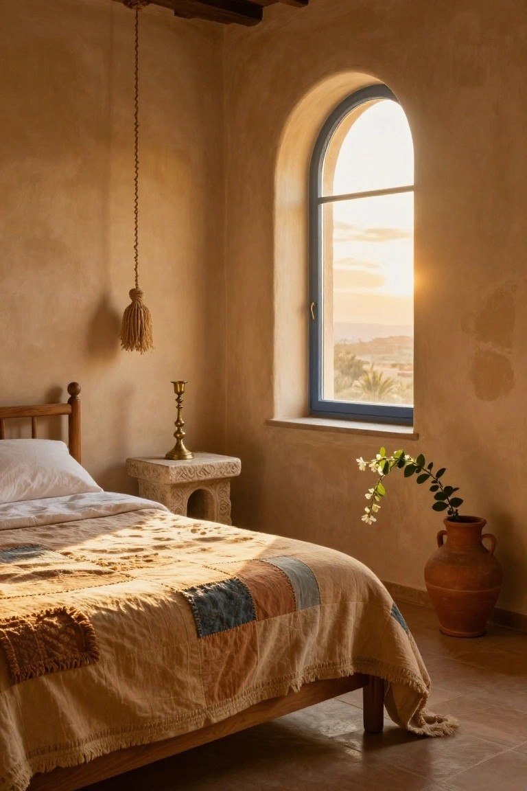Sunlit bedroom interior with beige textured plaster walls, wooden bed frame topped with white sheets and fringed patchwork quilt in beige and blue tones, carved stone side table holding brass candlestick and plant in terracotta pot, hanging tassel lamp, and arched blue-framed window showing sunset over distant landscape.