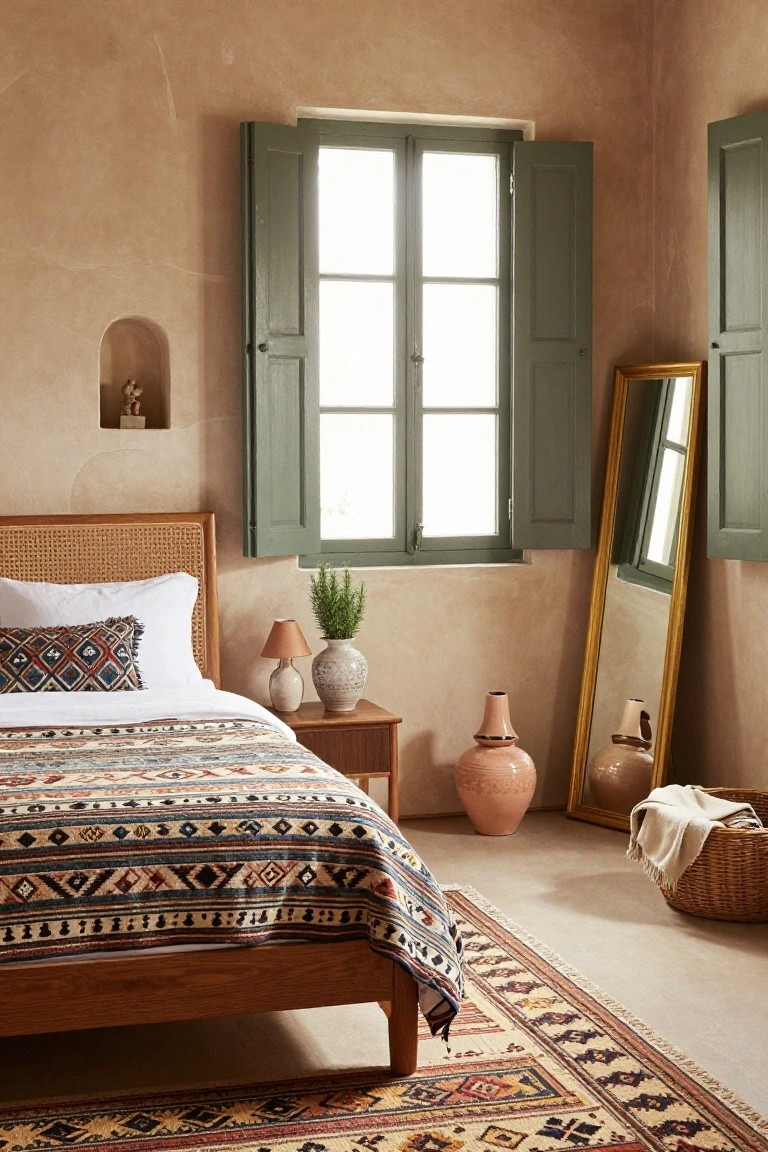 Bedroom with rattan headboard bed draped in white sheets, patterned pillows and quilt, wooden nightstand holding lamp and ceramic vase, open green shutters on window letting in light, tall gold-framed mirror, terracotta pots, wicker basket with throw, and woven rug on textured beige walls and floor.