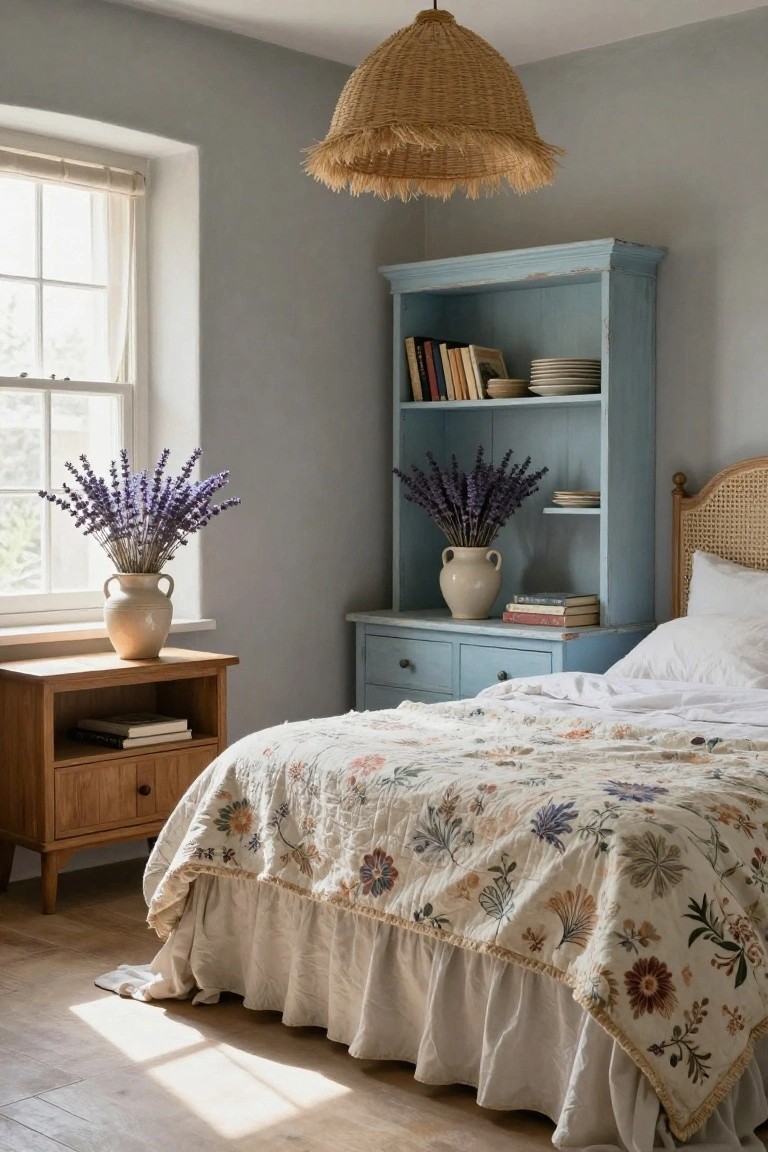 Bedroom corner with rattan headboard bed draped in floral quilt and white sheets, blue painted bookcase holding books plates and lavender vase, wooden nightstand with vase, woven rattan pendant light, light gray walls, and window with natural daylight.