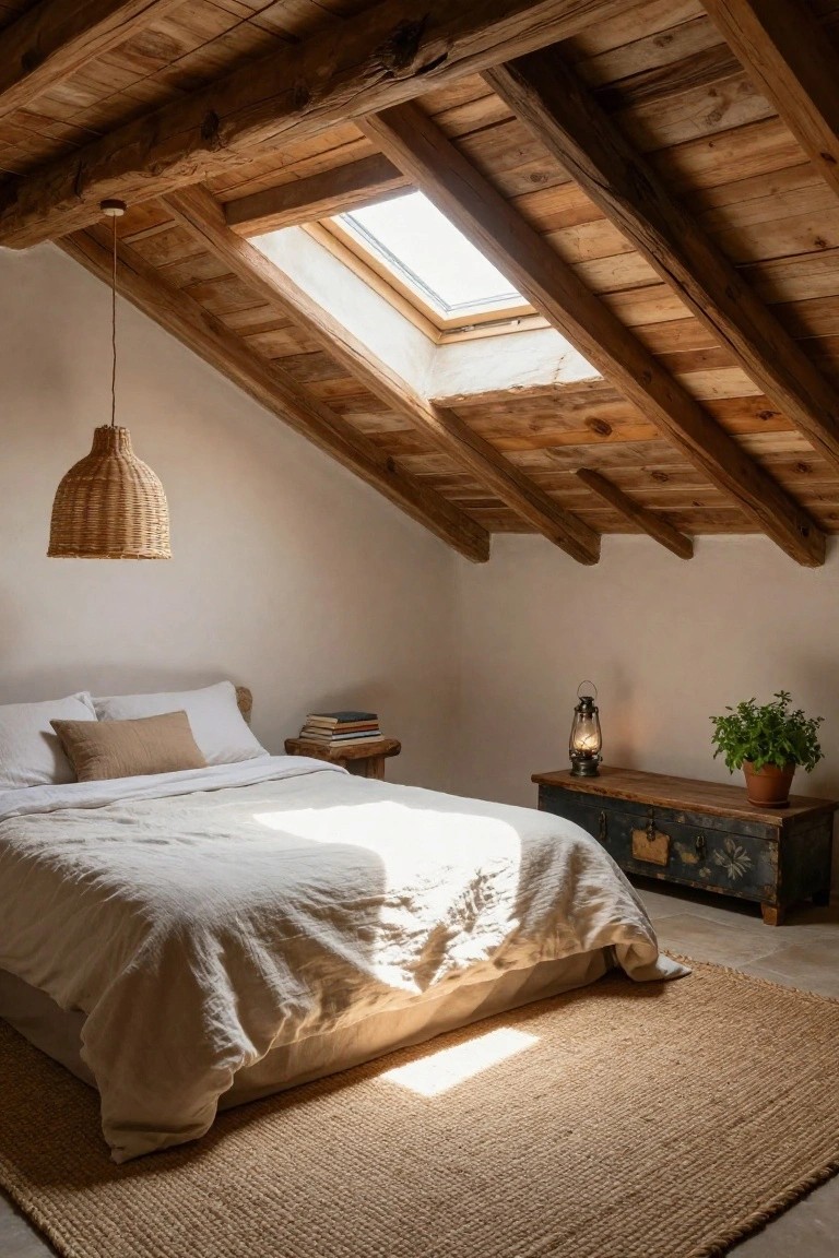 Bedroom with sloped ceiling of exposed dark wooden beams and skylight, white bed with beige linens and pillows, wooden stool with books, antique black chest of drawers, lantern lamp, potted plant, woven hanging light, and jute rug on tile floor.