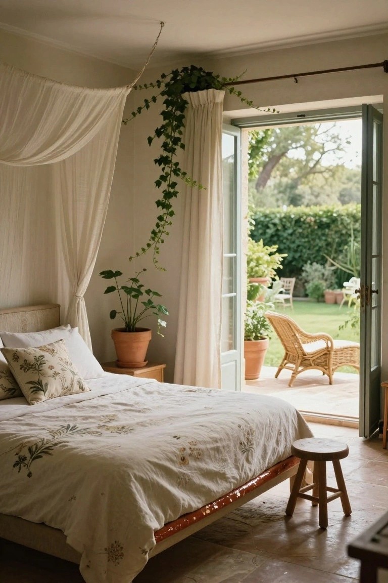 Bedroom interior with low wooden bed covered in white linen bedding and draped in sheer white canopy fabric from ceiling ropes, surrounded by potted plants and ivy, with open French doors revealing a garden patio, wicker chairs, and terracotta pots.