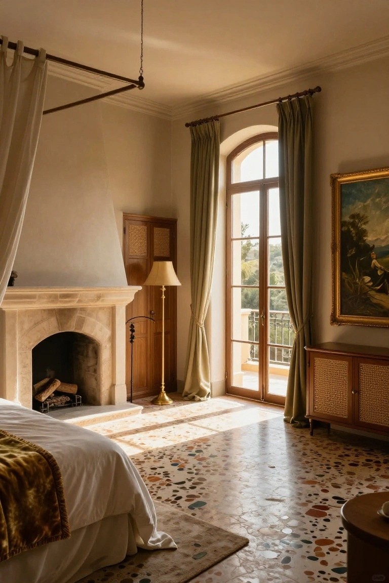 Sunlit bedroom interior with a white four-poster bed draped in sheer fabric, adjacent stone fireplace with logs, French doors with green curtains opening to a balcony, rattan cabinets, and terrazzo tile floor.
