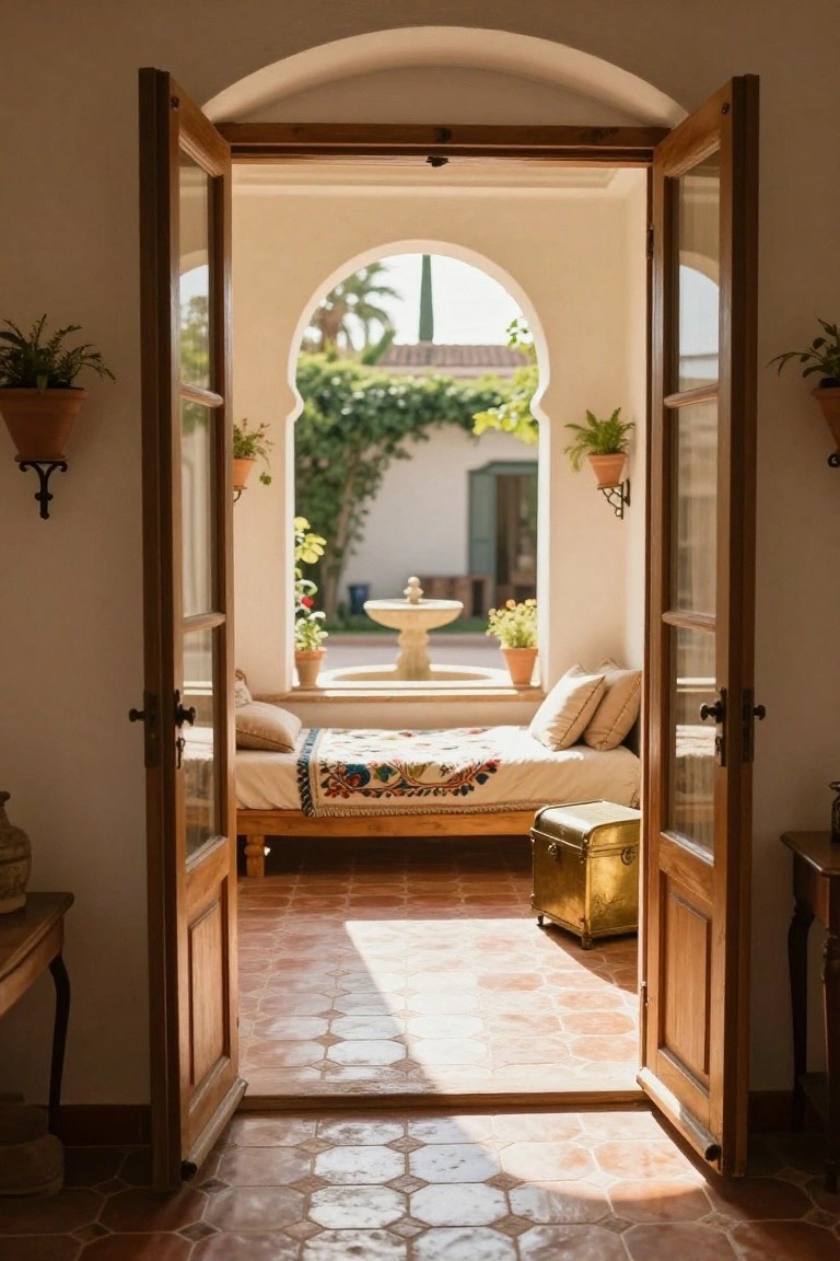 Open wooden arched doors from an interior space to a terracotta-tiled patio with a low wooden daybed covered in pillows and a patterned blanket, potted plants on walls, a gold chest, and a stone fountain with greenery in the background.