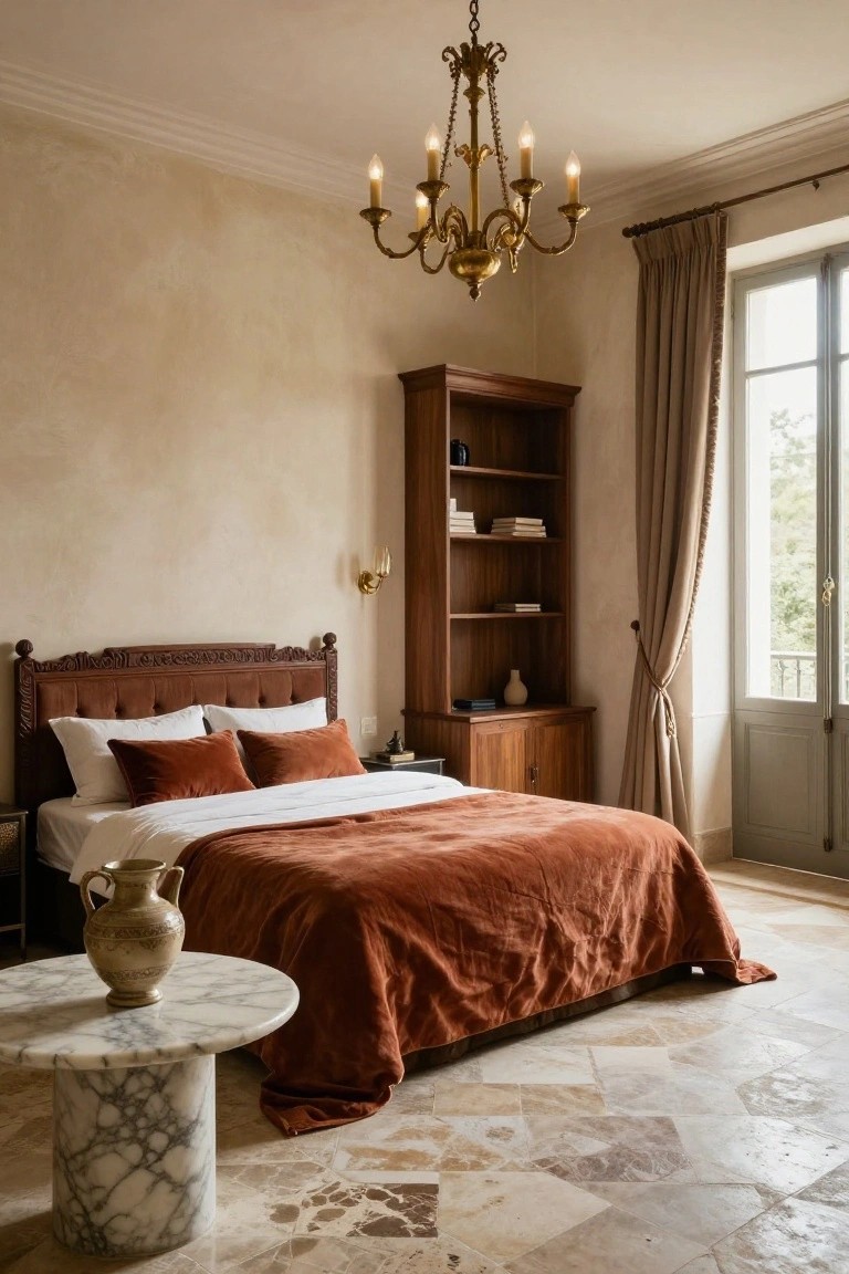 Bedroom with carved wood bedframe draped in terracotta velvet duvet and pillows, wooden bookcase with books and vase, marble pedestal side table holding a terracotta vase, brass chandelier overhead, beige plaster walls, and French doors with beige curtains opening to a balcony.