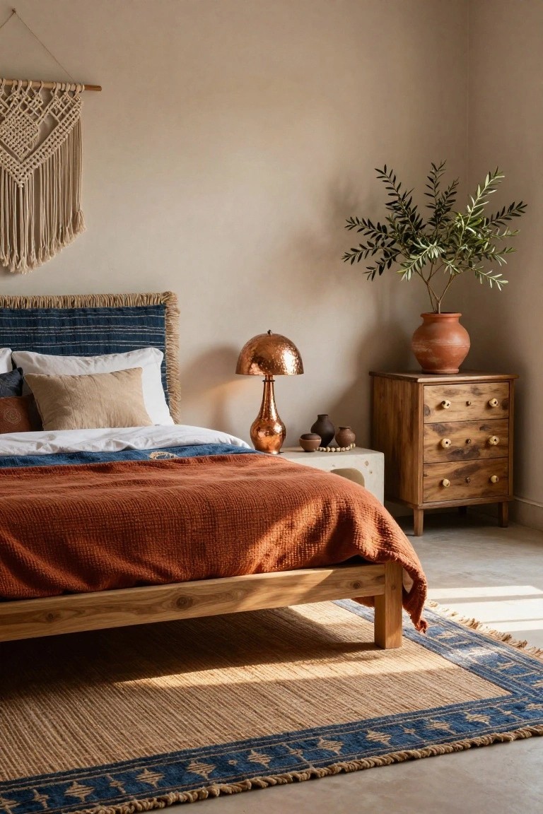 Sunlit bedroom corner with low wooden platform bed, fringed blue headboard, white and beige pillows, terracotta knit blanket, wooden nightstand holding copper lamp and terracotta pot with olive branches, macrame wall hanging, and seagrass rug with blue border.