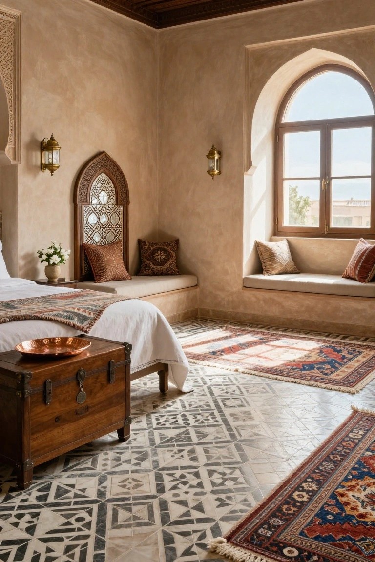 Beige Mediterranean-style bedroom interior with built-in cushioned bench under arched window, bed with striped bedspread, wooden chest table, patterned rugs, and geometric tile floor.