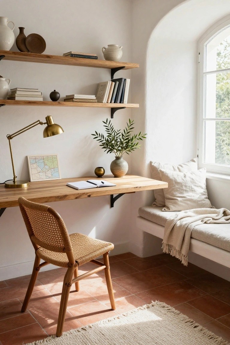 White-walled room with arched window alcove containing floating wooden shelves with books and ceramics, wooden floating desk with gold lamp and notebook, rattan chair, and cushioned window seat with throw blanket on terracotta tile floor.