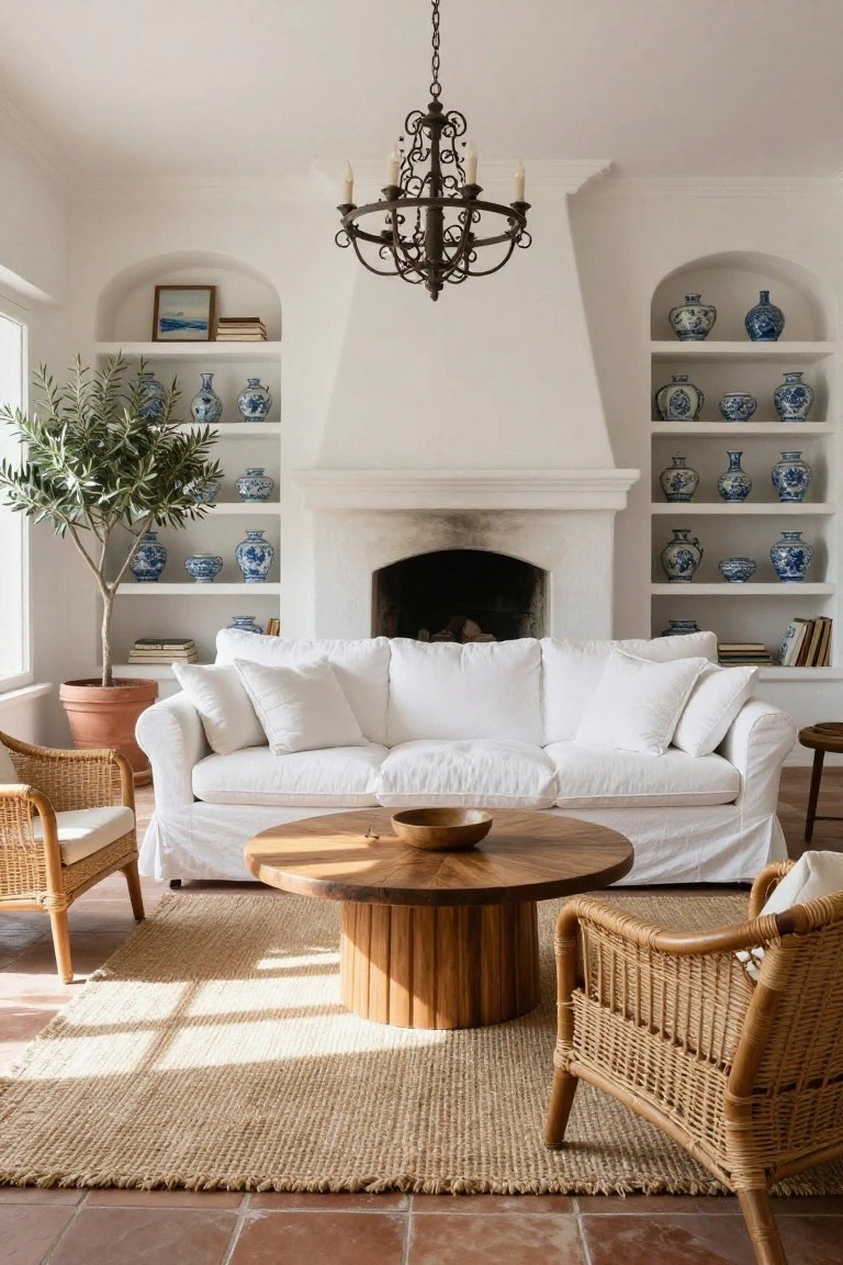 White living room featuring a central fireplace flanked by arched wall niches filled with blue-and-white ceramic vases and jars, a white slipcovered sofa, rattan chairs, wood coffee table, seagrass rug, and terracotta tile floors.