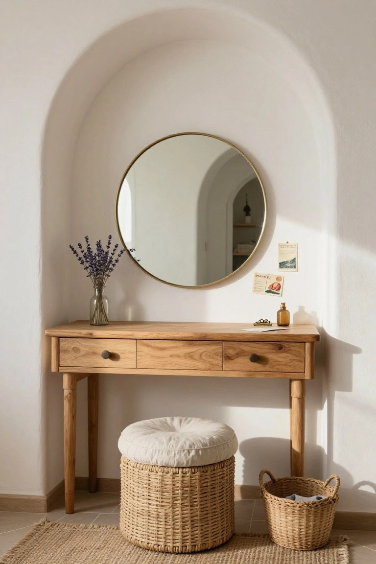 Wooden console table with two drawers and round gold-framed mirror in a white curved wall arch, with glass vase of lavender, cushioned stool, wicker baskets, and seagrass rug on tiled floor.