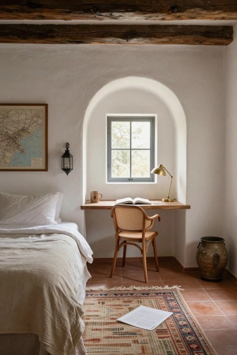 White-walled bedroom with built-in wooden desk under arched window, rattan chair, open book and mug on desk, white linen bed, terracotta tile floor, and woven rug.