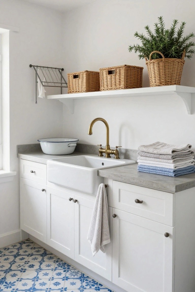 White shaker cabinets with brass hardware surround a large white farmhouse sink on a concrete countertop in a laundry room, with stacked linens, a brass faucet, wicker baskets on open shelves, a potted rosemary plant, and blue patterned floor tiles.