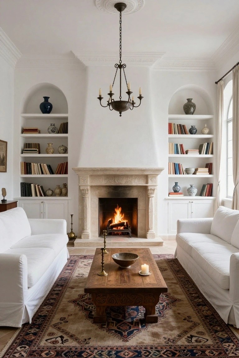 White living room featuring two facing slipcovered sofas, a wooden coffee table, lit limestone fireplace flanked by arched bookshelves with books and ceramics, brass chandelier overhead, and patterned rug on the floor.