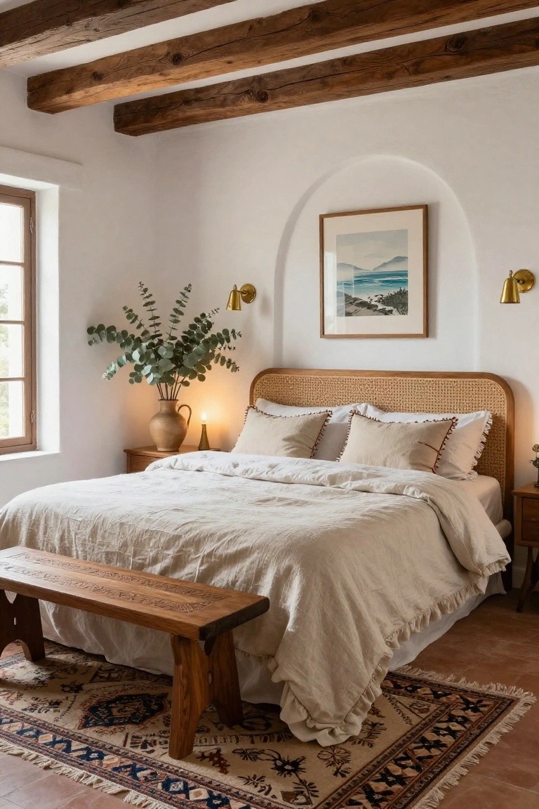 White bedroom with exposed dark wooden ceiling beams, rattan headboard bed covered in white linens and pillows, carved wooden bench at bed foot, eucalyptus plant in terracotta pot beside nightstand, arched wall niche with seascape painting, brass wall sconces, and patterned rug on terracotta tile floor.