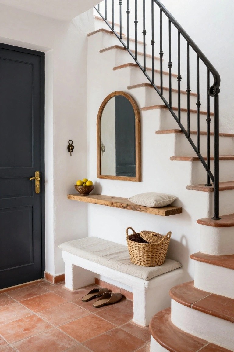 Bright white entryway interior with dark wood front door, arched black-framed mirror on wall, floating rough wood shelf holding brass bowl of lemons and beige pillow, white bench with beige cushion, woven basket, and brown slippers on terracotta tile floor, black wrought iron staircase with white risers and terracotta treads.