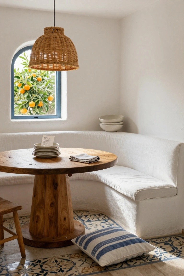 White curved banquette seating around a round wooden pedestal table in a corner room with white walls, blue arched window showing orange tree branches, woven pendant lamp, stacked white plates, and blue-and-white tiled floor.
