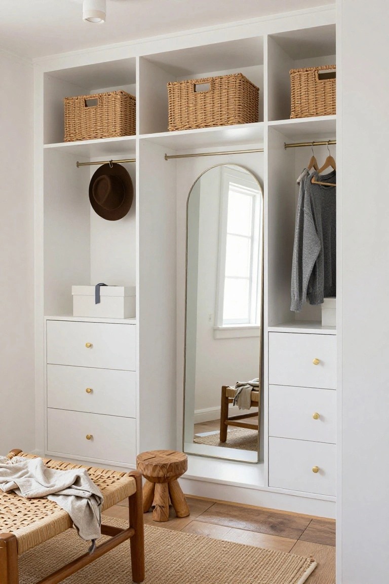 White built-in wardrobe with open shelves holding wicker baskets, lower drawers with brass knobs, hanging rods with clothes and a hat, an arched mirror, and a wooden stool and bench in front on a light floor.
