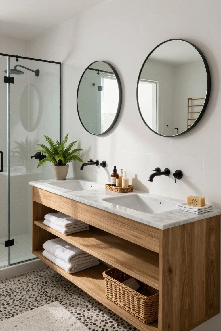 Modern bathroom with floating oak wood vanity holding dual white marble sinks, black matte faucets and hardware, two round black-framed mirrors, glass shower enclosure, fern plant, and pebble tile floor.