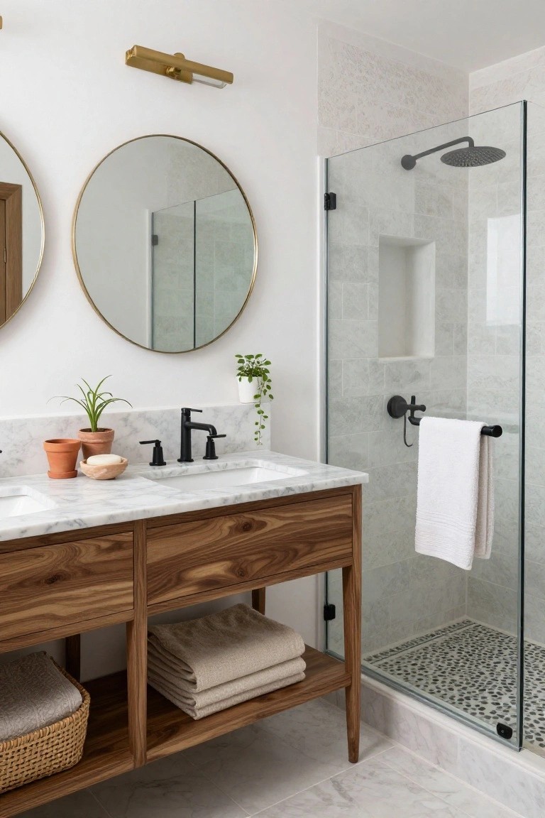 Modern bathroom with wooden vanity cabinet having white marble countertop, two round gold-framed mirrors on wall, glass shower enclosure with pebble floor, potted plants on counter and shelf, white towels stored below.