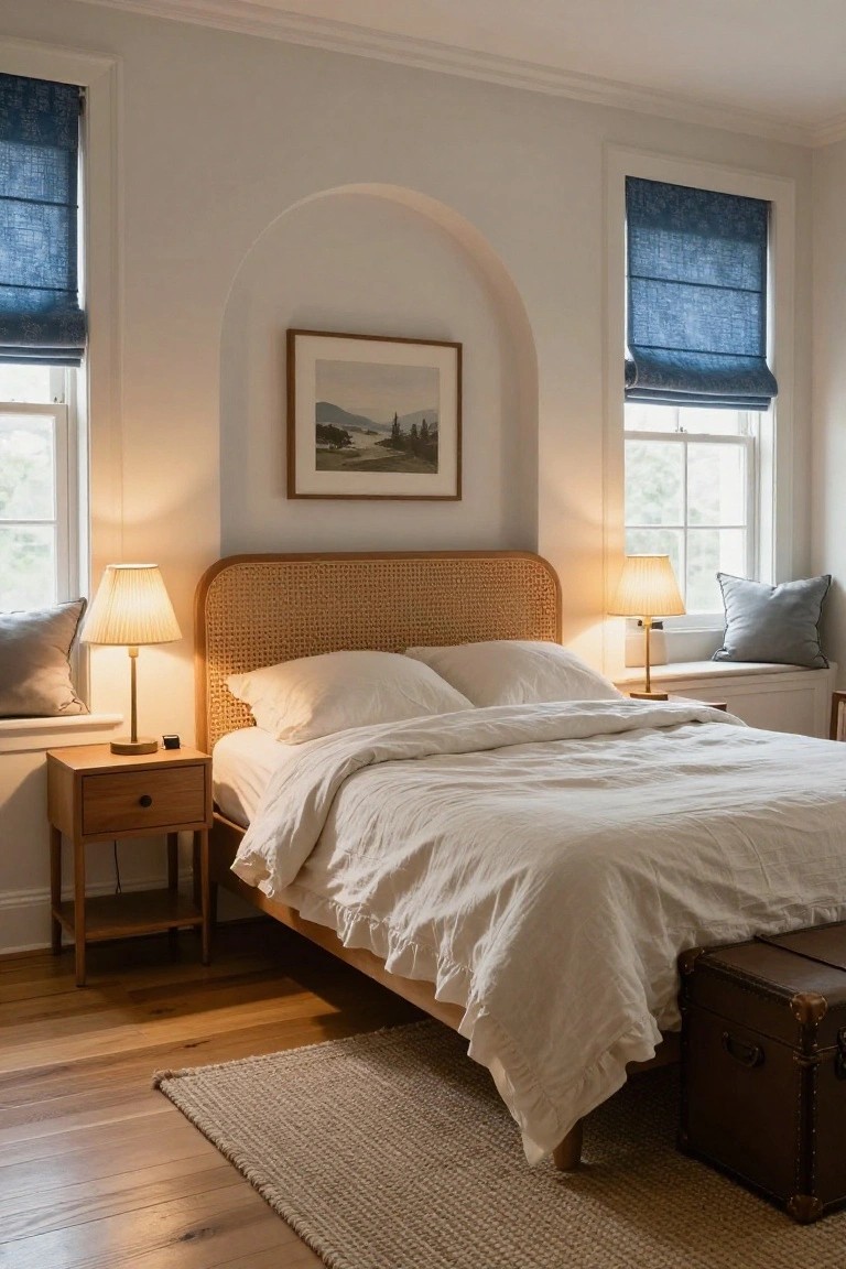 Bedroom with rattan cane headboard bed dressed in white linens, wood nightstands topped with lamps, blue roman shades on flanking windows, and hardwood floors with seagrass rug.