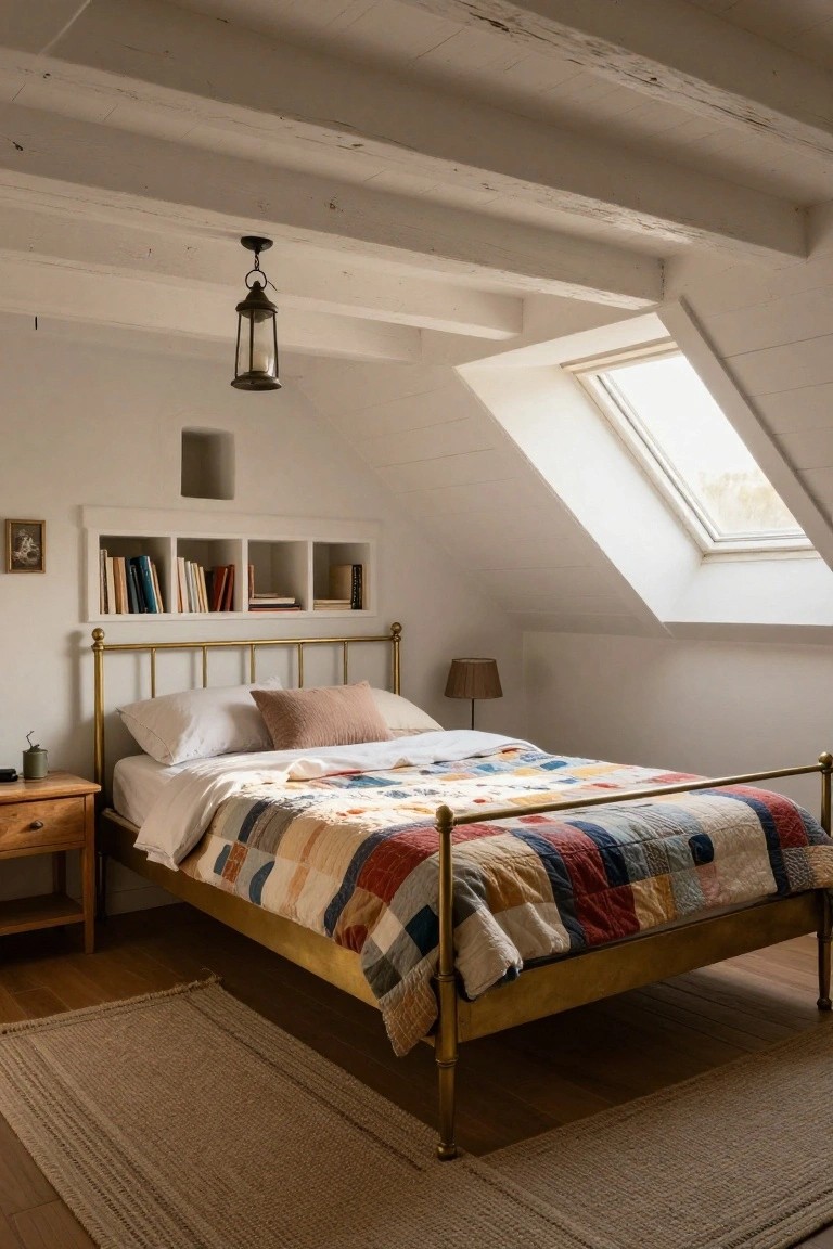 White attic bedroom featuring sloped ceilings, exposed beams, skylight, brass bed frame with colorful patchwork quilt and pillows, built-in wall shelves with books, bedside table, lantern pendant light, and jute rug on wood floor.