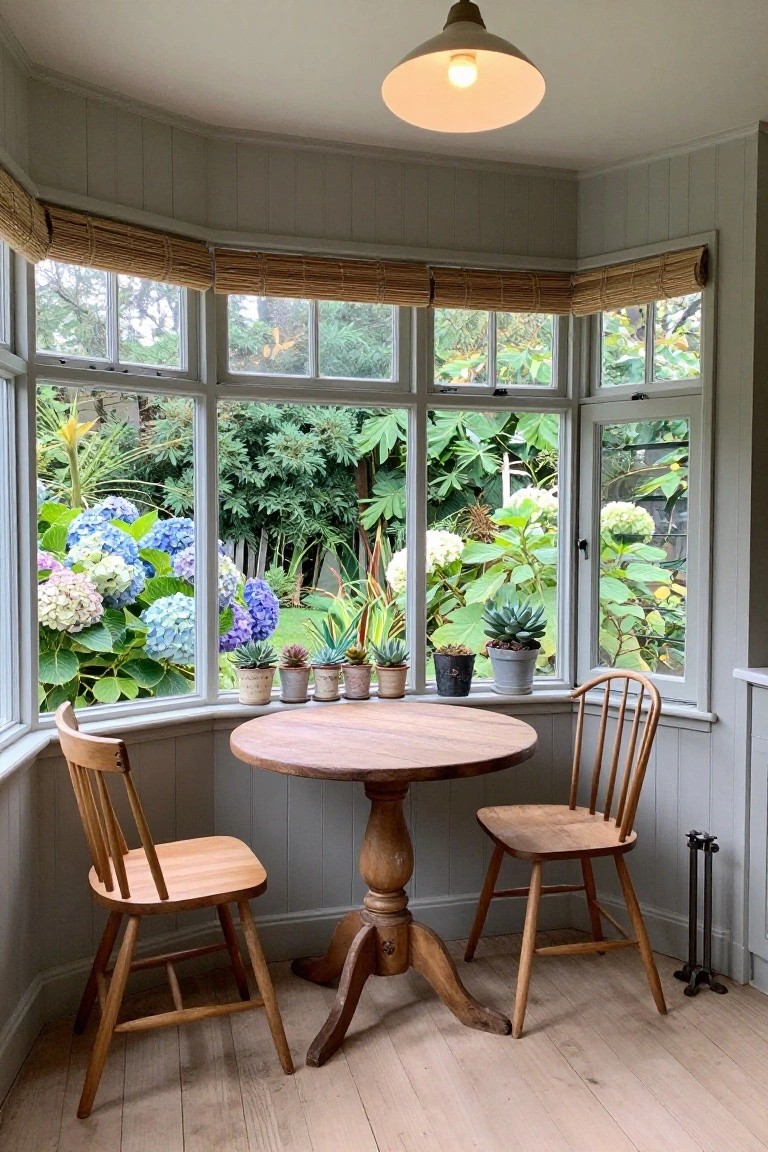 Bay window nook in a pale gray paneled room featuring a round wooden pedestal table with two wooden ladderback chairs, potted succulents on the wide windowsill, bamboo blinds, and garden views through the windows.