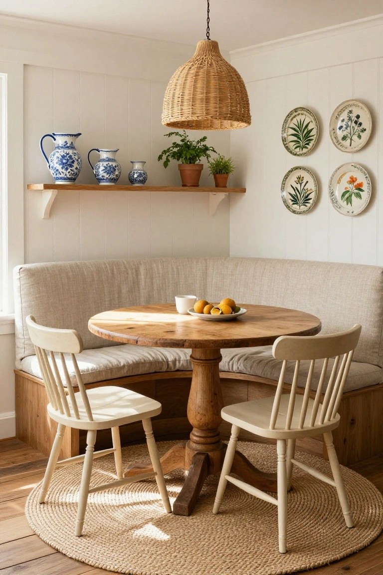 Cozy indoor breakfast nook with beige linen booth seating around a round wooden table holding oranges and a teacup, flanked by white ladderback chairs on a seagrass rug, blue and white pottery on shelves, and white shiplap walls.