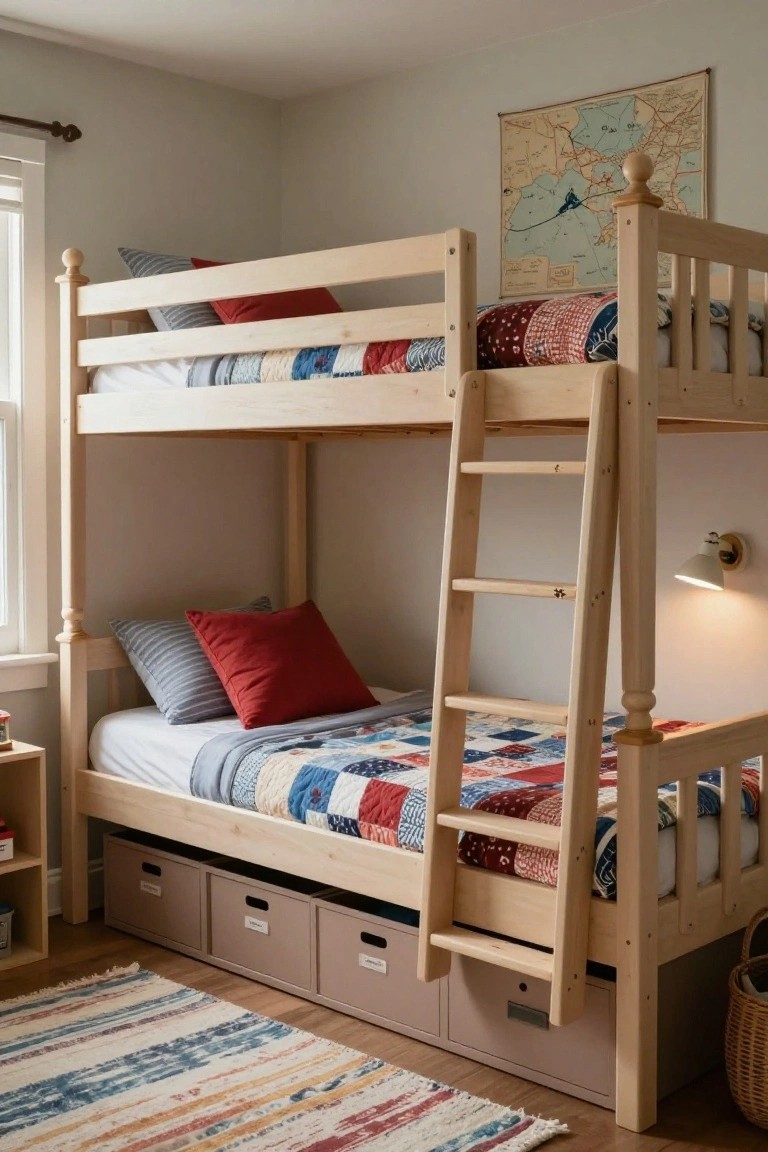 A wooden bunk bed in a light-colored child's bedroom with three storage drawers under the bottom bunk, patchwork quilts on both beds, and a world map poster on the wall.