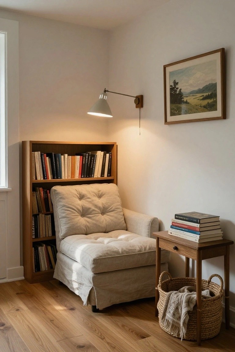 Tall wooden bookshelves flank a beige tufted armchair in a sunlit room corner, with a small wooden side table holding stacked books, a wall-mounted lamp lit above, and a wicker basket with a throw on the oak floor.