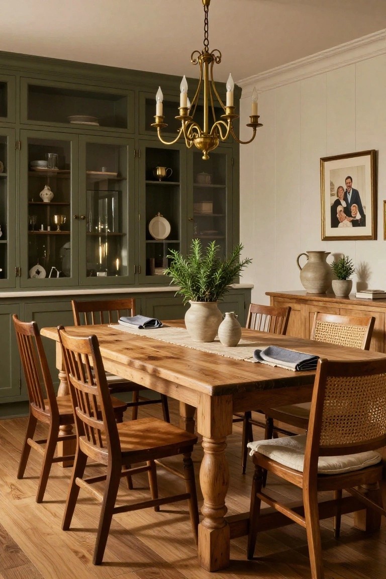 Dining room interior with dark green cabinets featuring glass doors filled with dishes and glassware, wooden farmhouse table with mixed wood and cane chairs, linen runner, terracotta pots with plants, and brass candelabra chandelier overhead on hardwood floors.