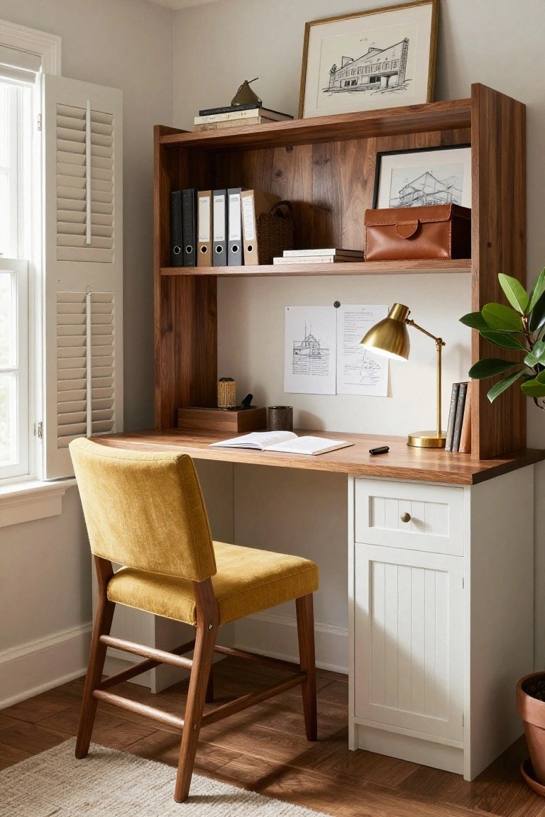 Wooden desk with integrated walnut shelving unit, yellow upholstered chair, gold desk lamp, potted plant, and open window shutters in a light gray room.